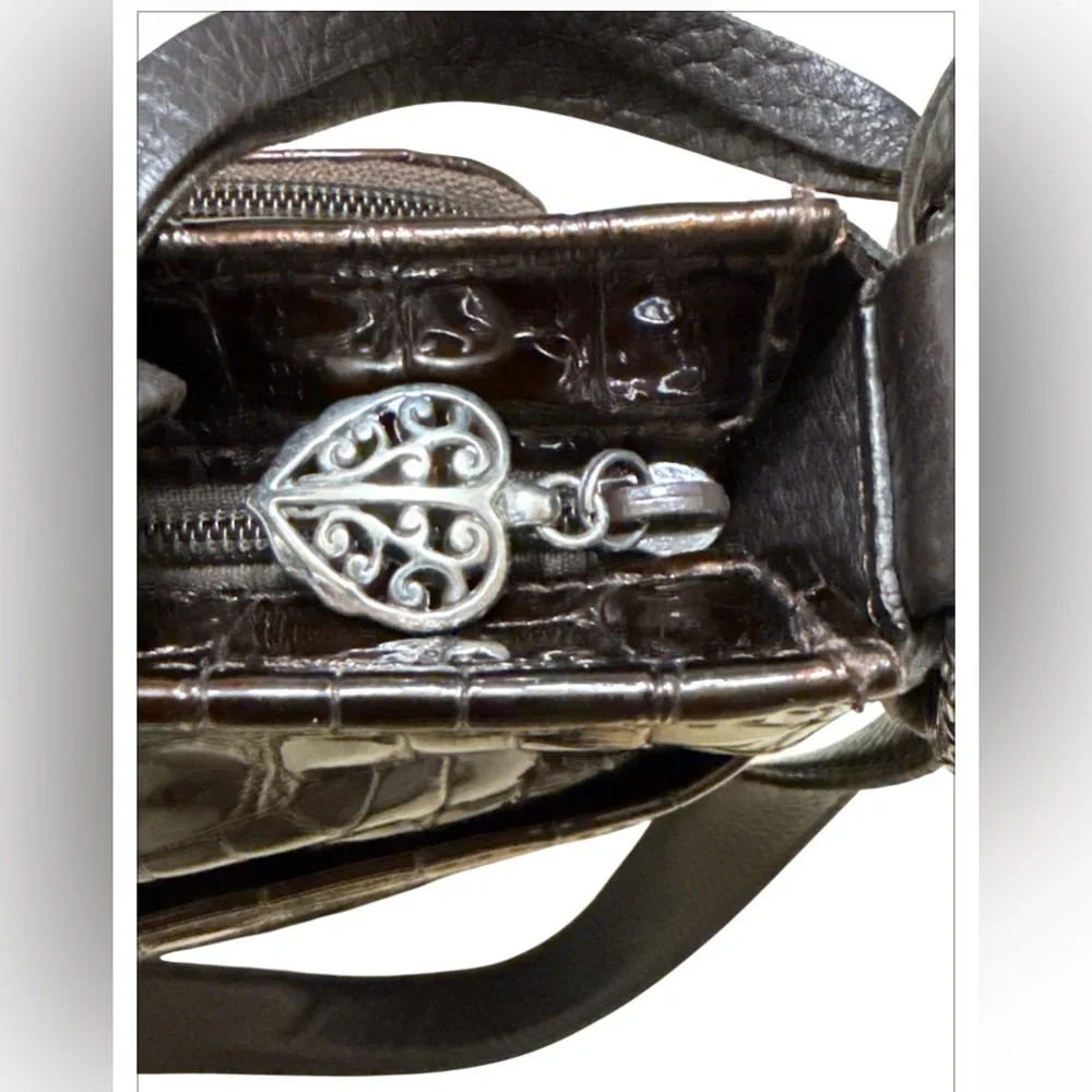 Brighton Croc‑Embossed Patent Leather Shoulder Bag – Metallic Copper Brown